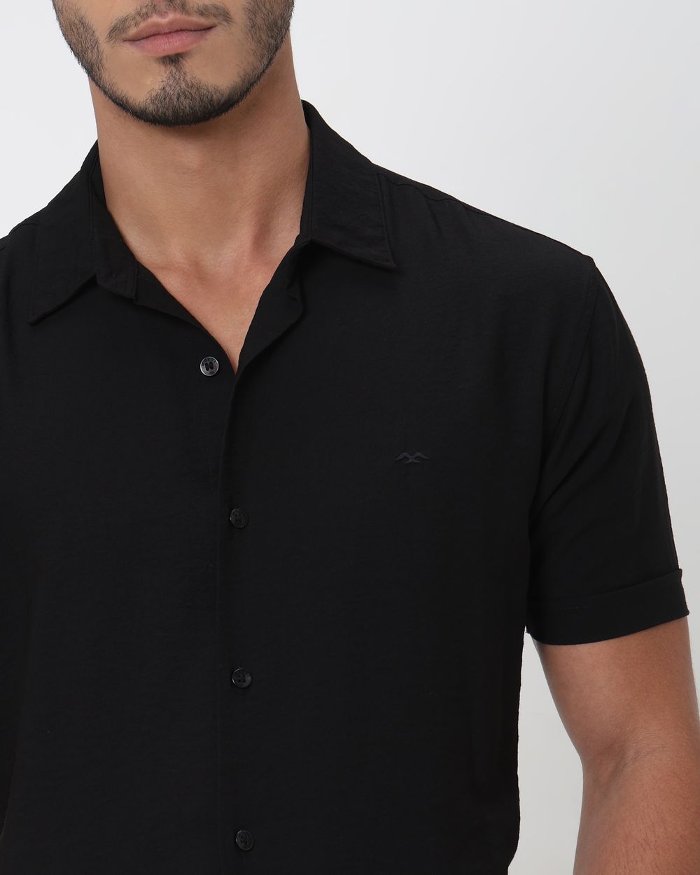 Black Textured Viscose Blend Plain Slim Fit Casual Shirt