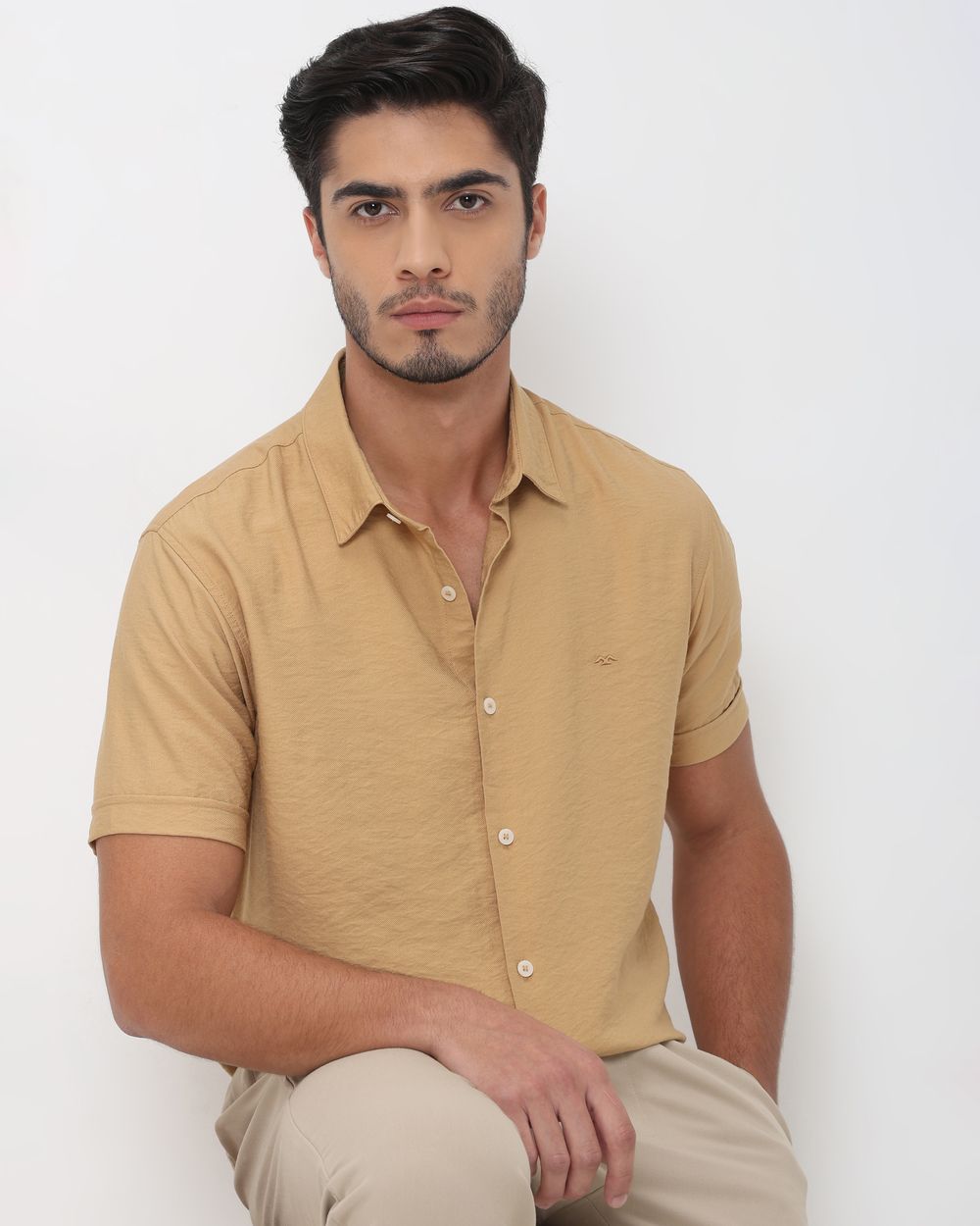 Light Khaki Textured Viscose Blend Plain Slim Fit Casual Shirt