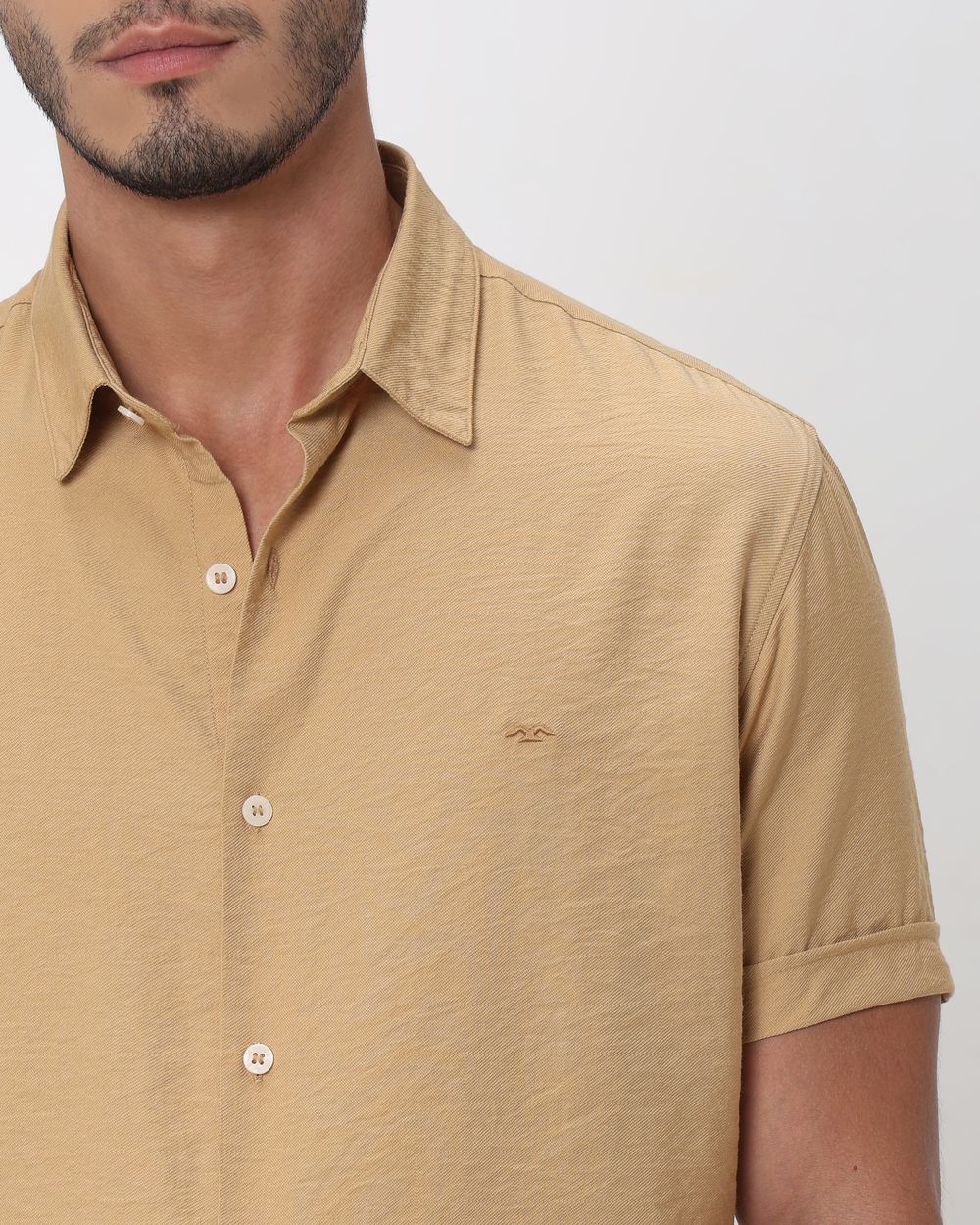 Light Khaki Textured Viscose Blend Plain Slim Fit Casual Shirt