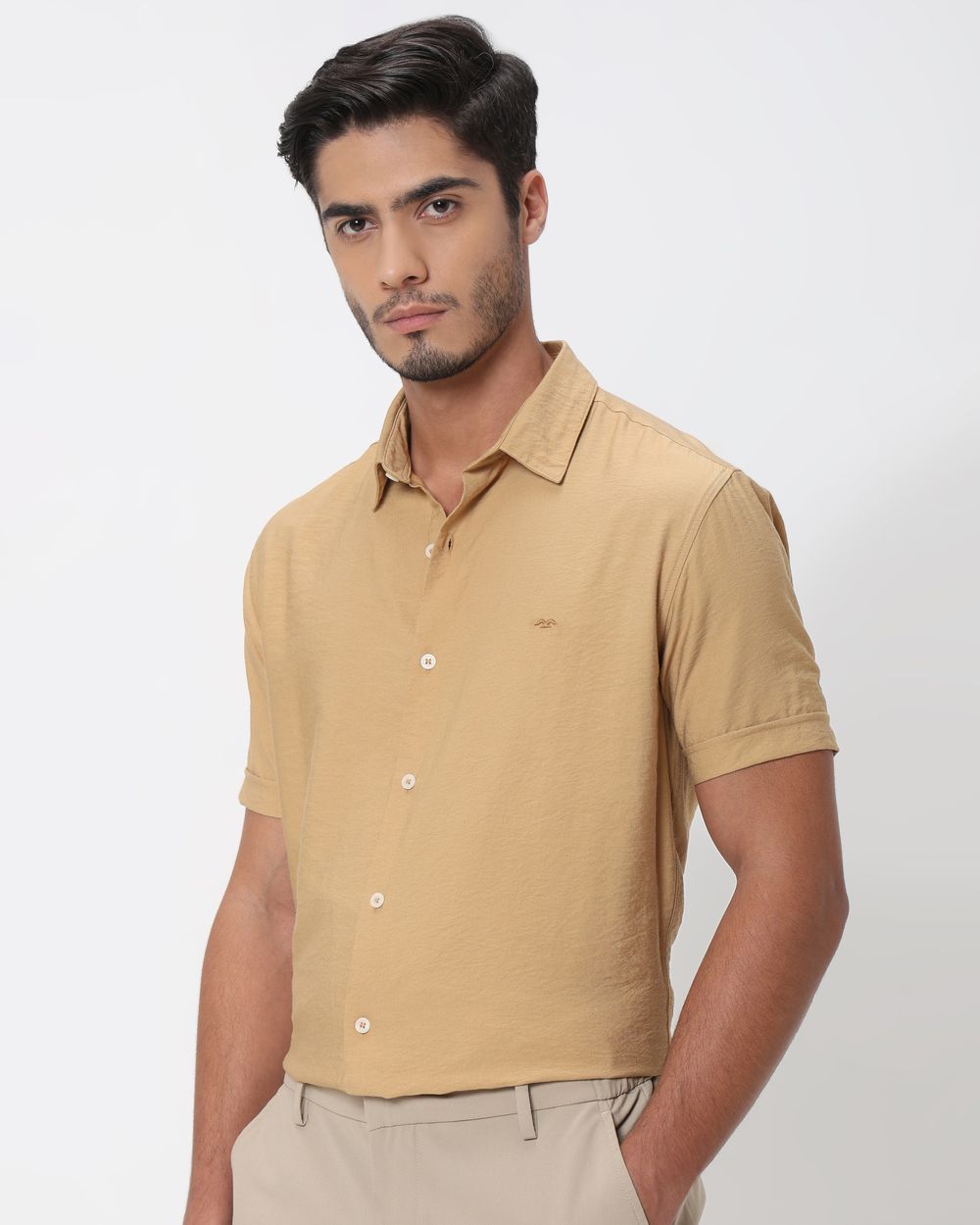 Light Khaki Textured Viscose Blend Plain Slim Fit Casual Shirt