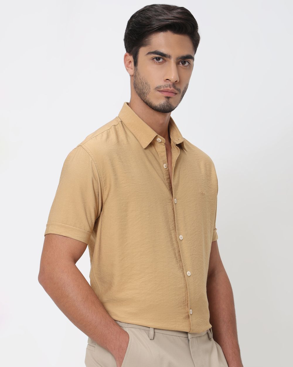 Light Khaki Textured Viscose Blend Plain Slim Fit Casual Shirt