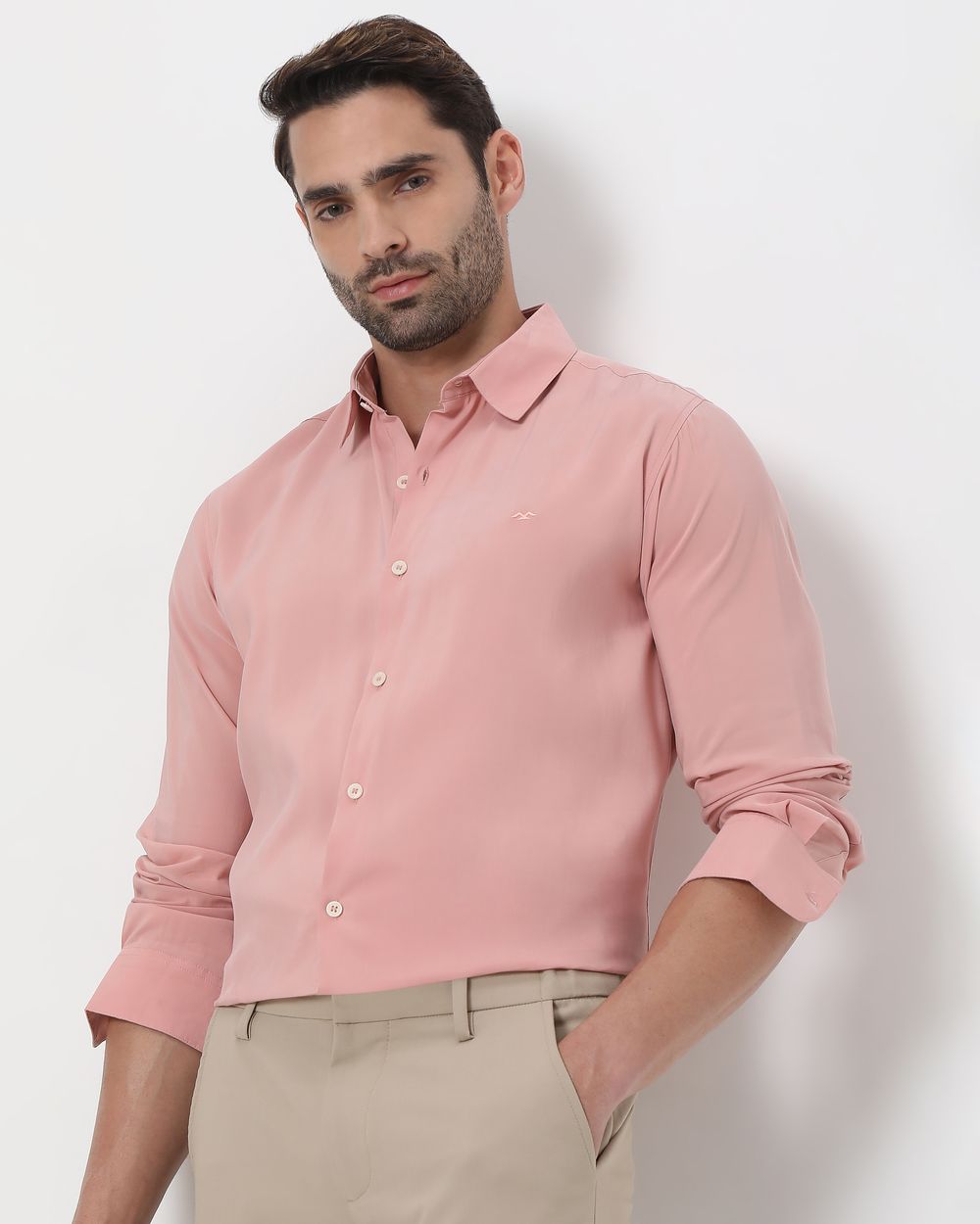Pink Sandwashed Viscose Blend Slim Fit Casual Shirt