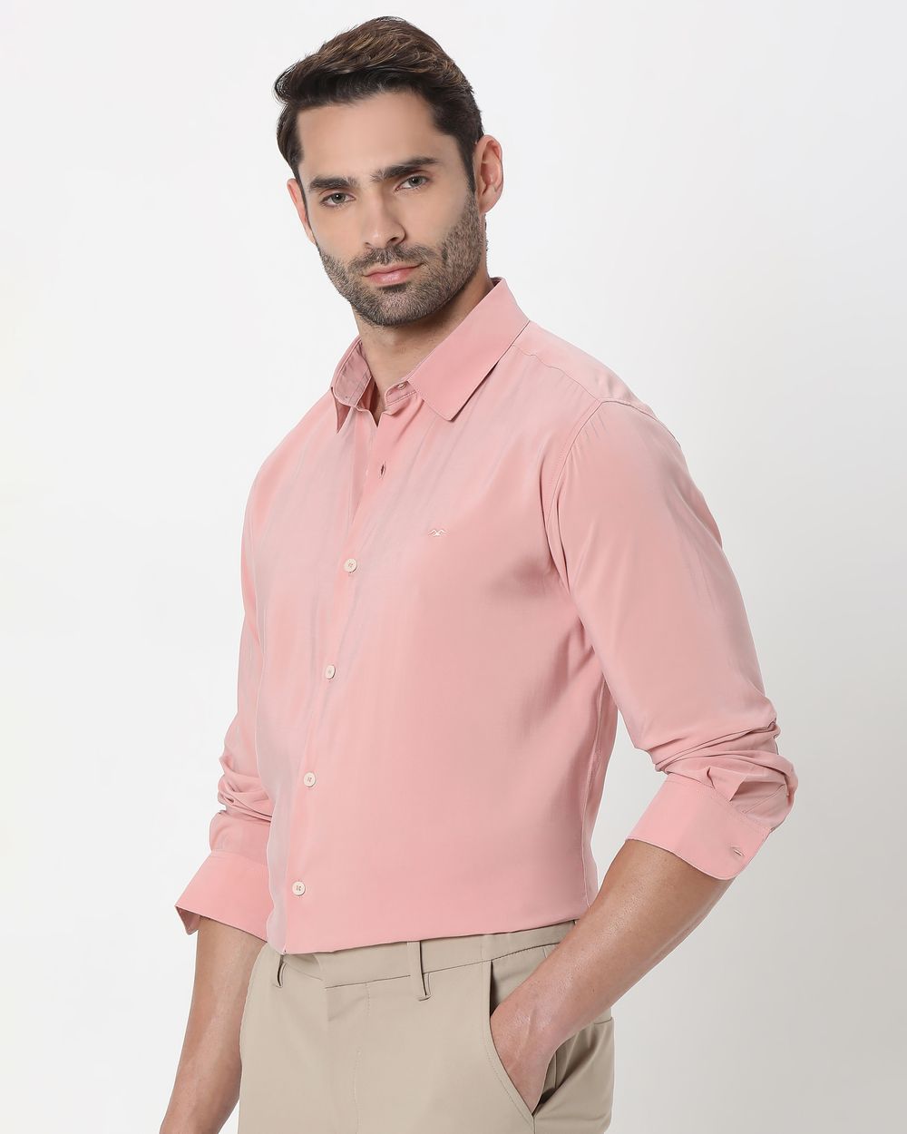 Pink Sandwashed Viscose Blend Slim Fit Casual Shirt