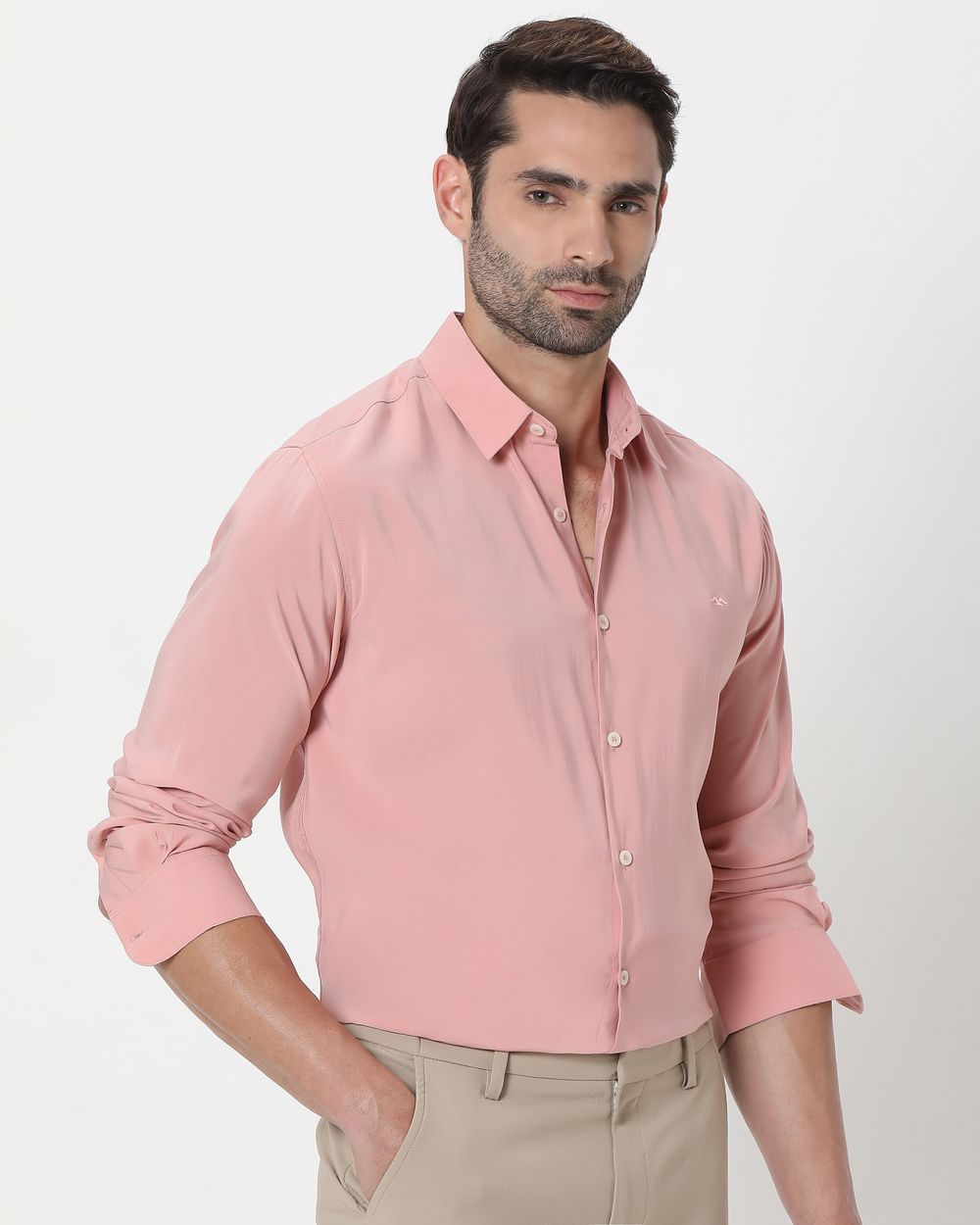 Pink Sandwashed Viscose Blend Slim Fit Casual Shirt