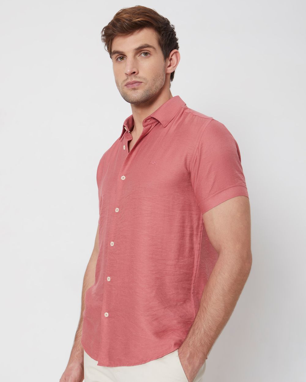 Pink Textured Plain Slim Fit Casual Shirt