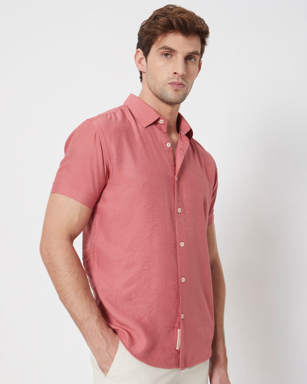 Pink Textured Plain Slim Fit Casual Shirt