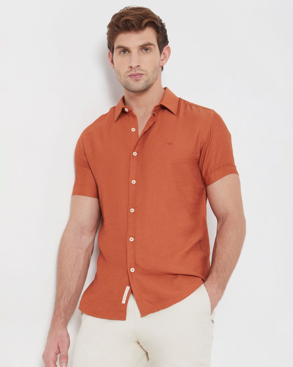 Rust Textured Plain Slim Fit Casual Shirt