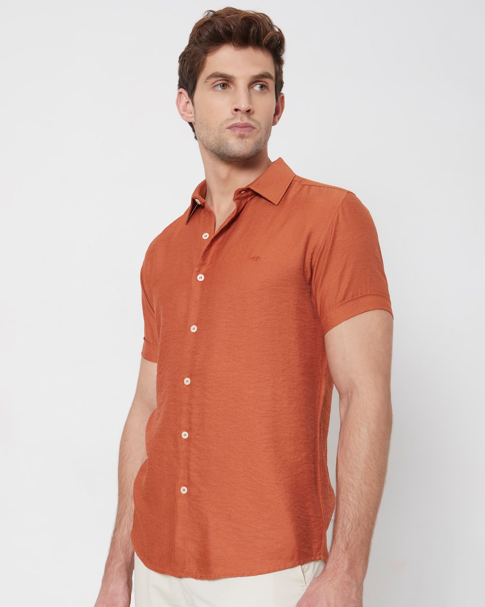 Rust Textured Plain Slim Fit Casual Shirt