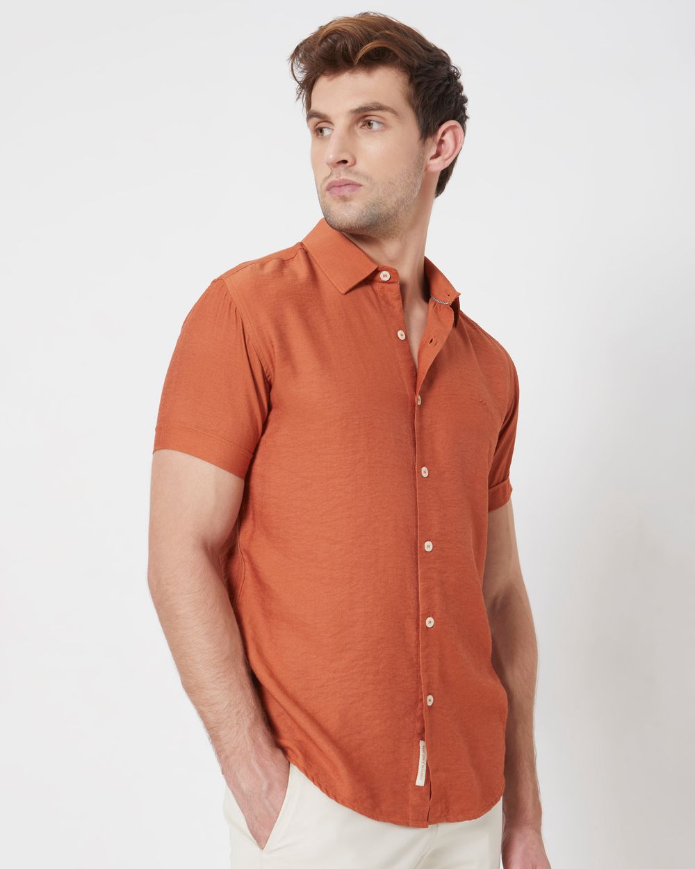 Rust Textured Plain Slim Fit Casual Shirt