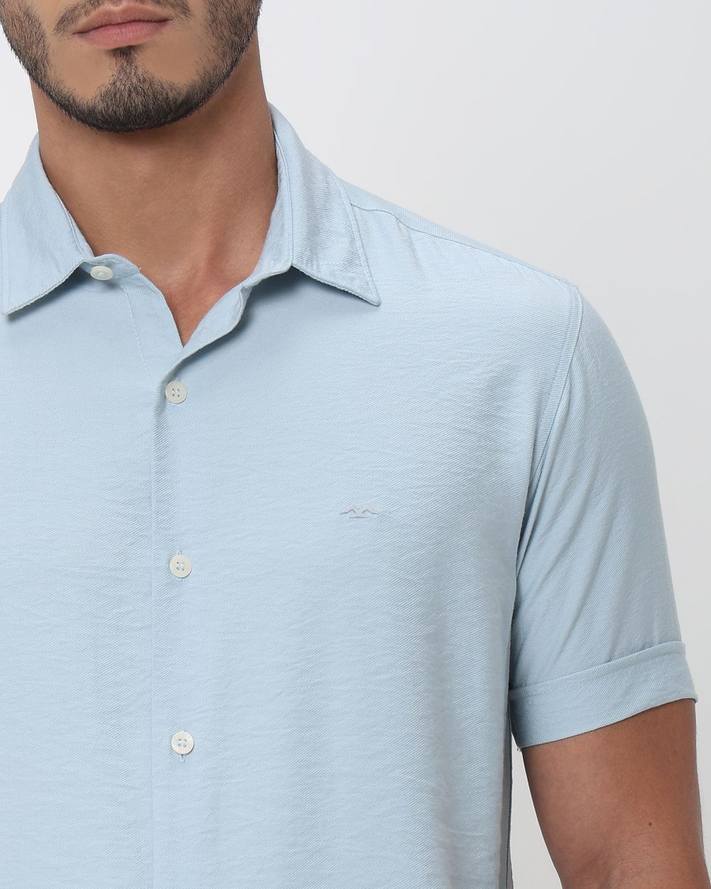 Light Blue Textured Viscose Blend Plain Slim Fit Casual Shirt