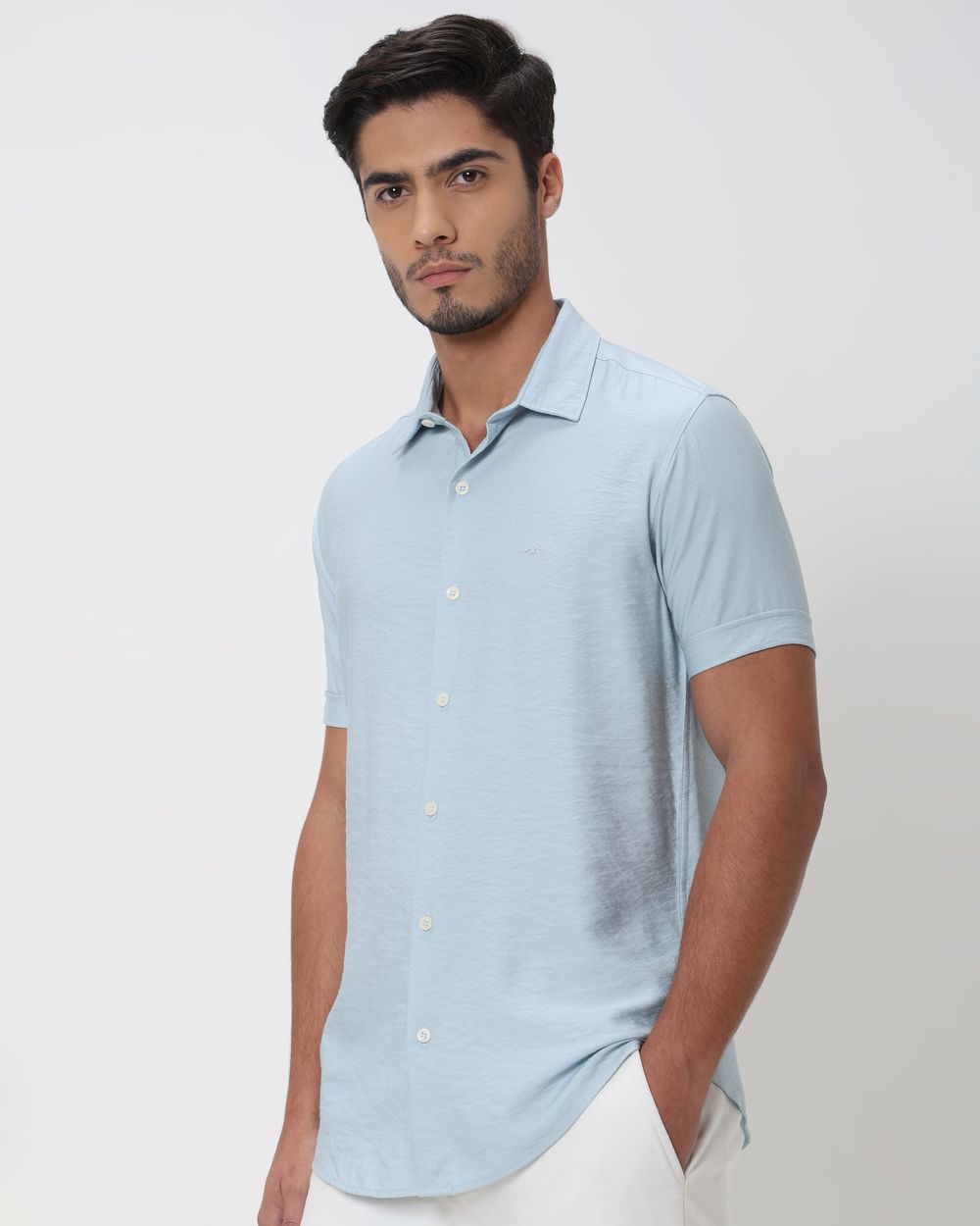 Light Blue Textured Viscose Blend Plain Slim Fit Casual Shirt