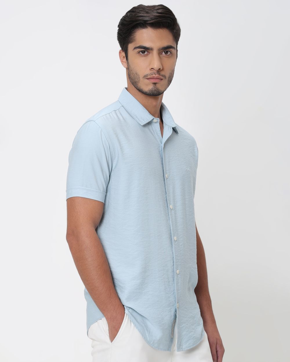 Light Blue Textured Viscose Blend Plain Slim Fit Casual Shirt