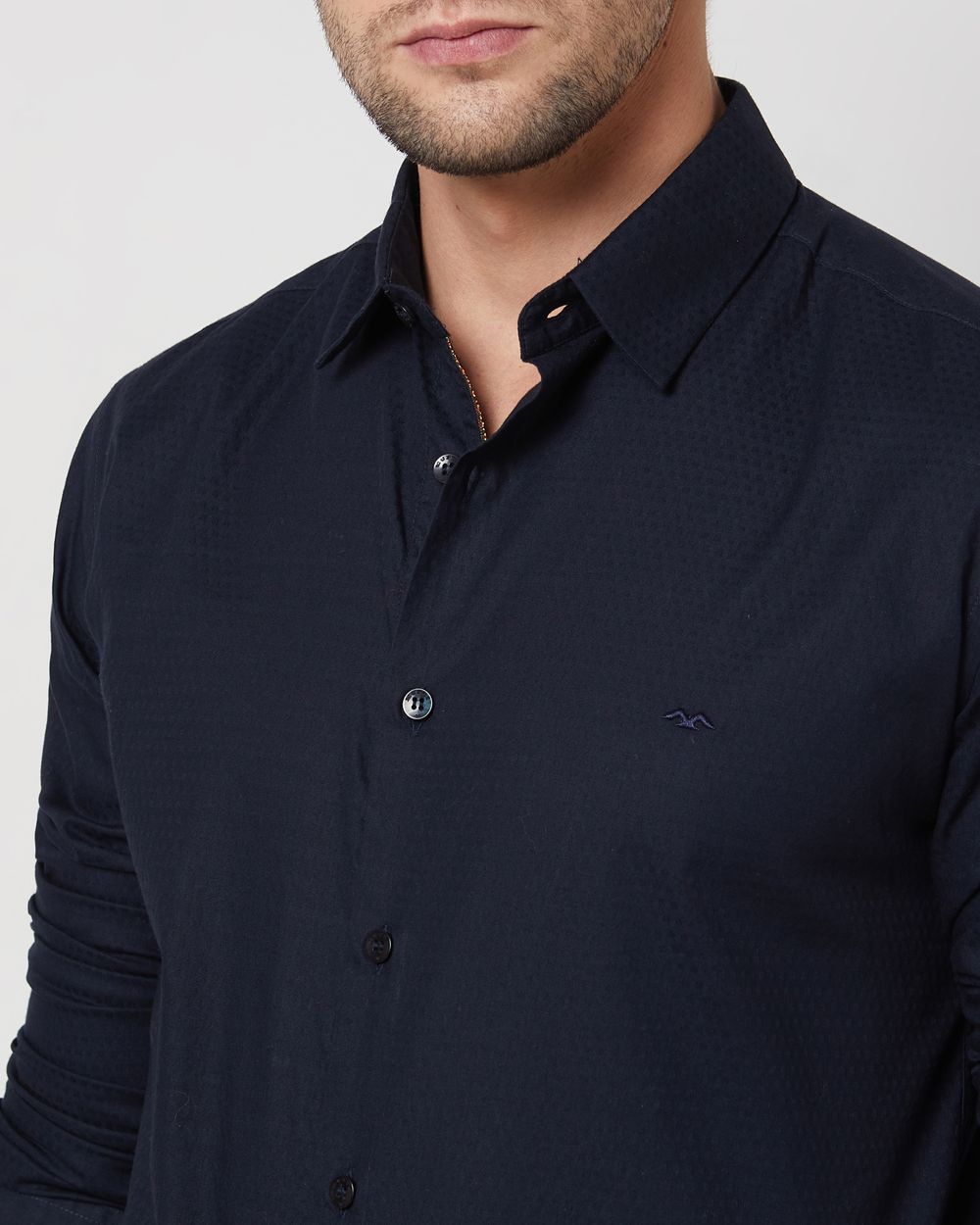 Navy Textured Plain Slim Fit Casual Shirt