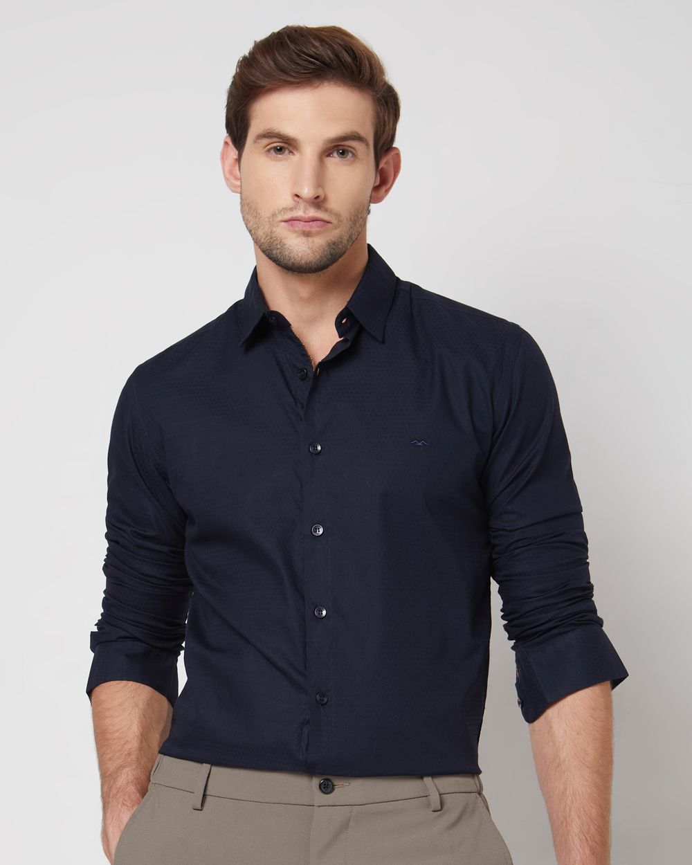 Navy Textured Plain Slim Fit Casual Shirt