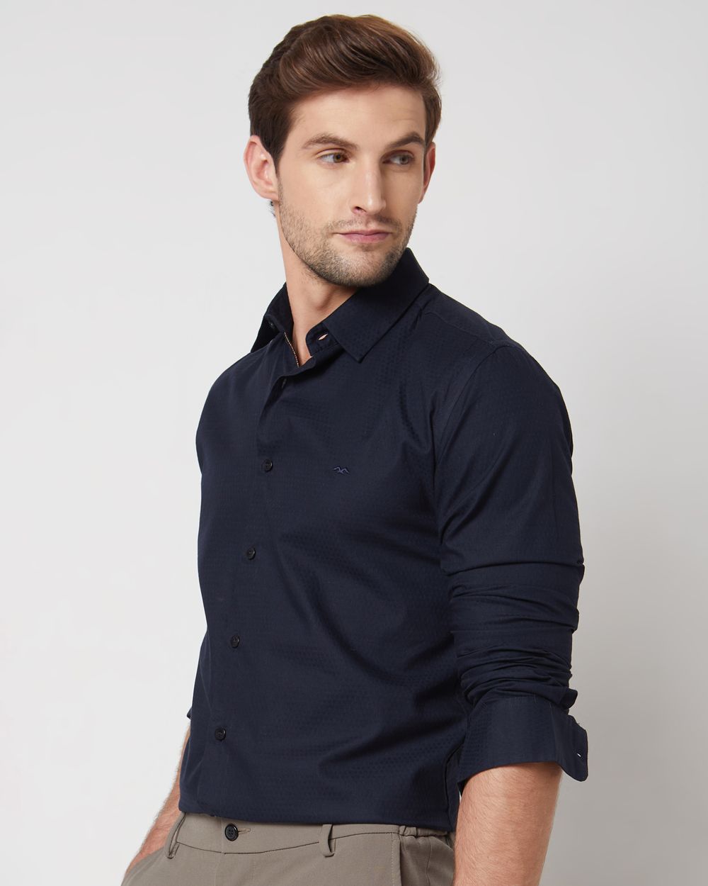 Navy Textured Plain Slim Fit Casual Shirt