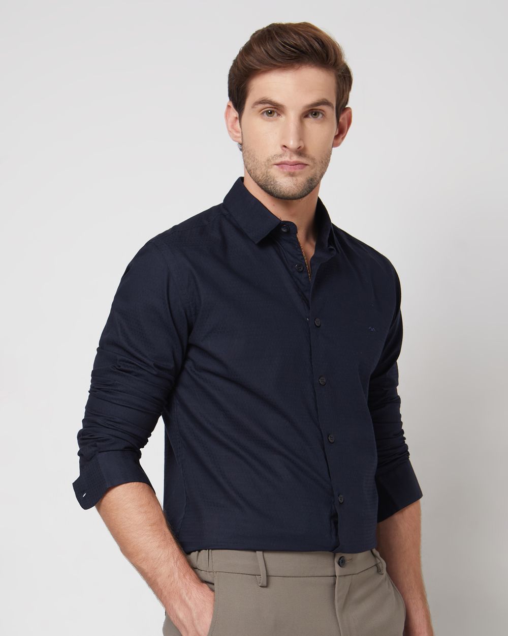 Navy Textured Plain Slim Fit Casual Shirt