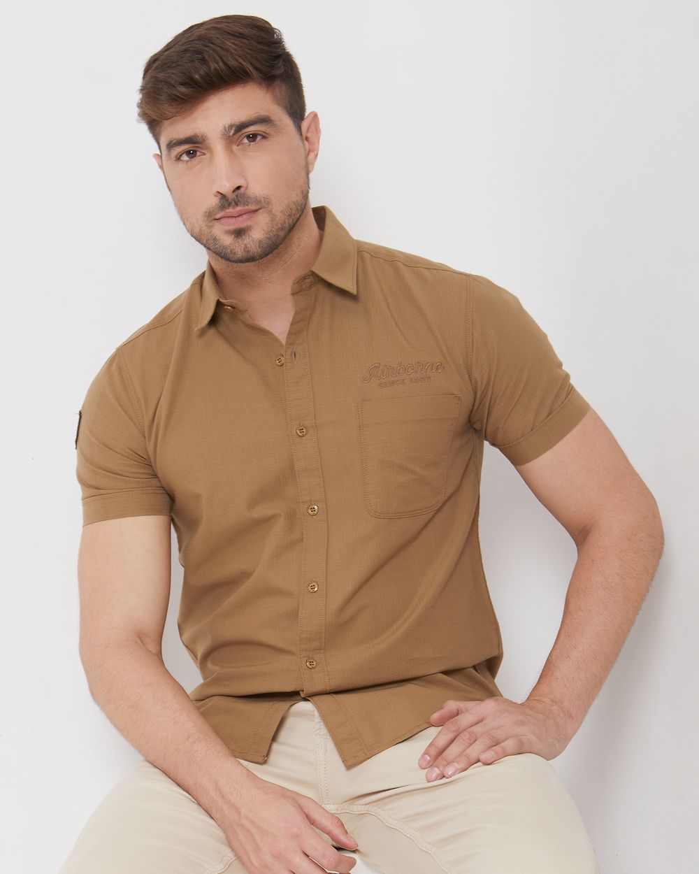 Light Khaki Badged Plain Slim Fit Casual Shirt