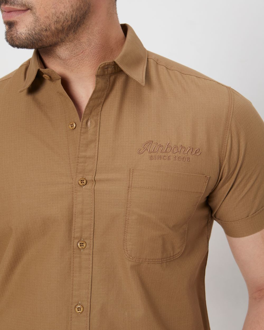 Light Khaki Badged Plain Slim Fit Casual Shirt