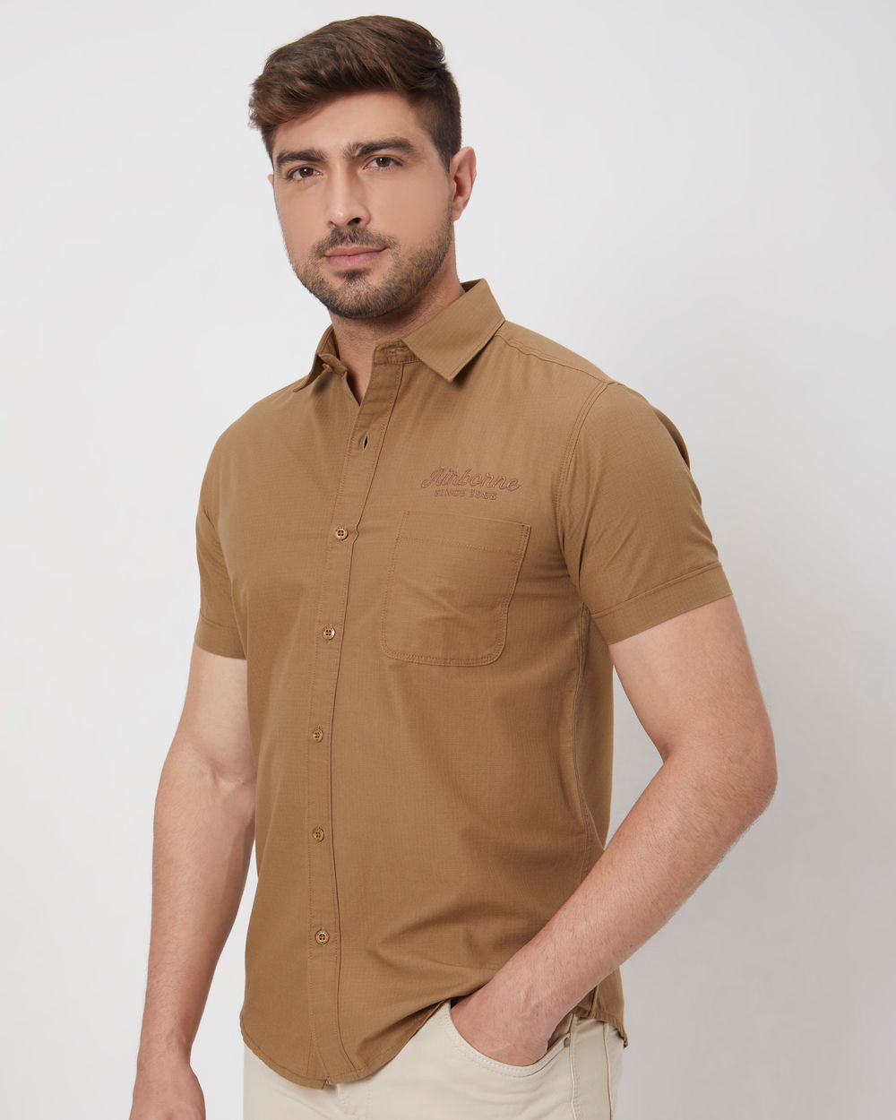 Light Khaki Badged Plain Slim Fit Casual Shirt
