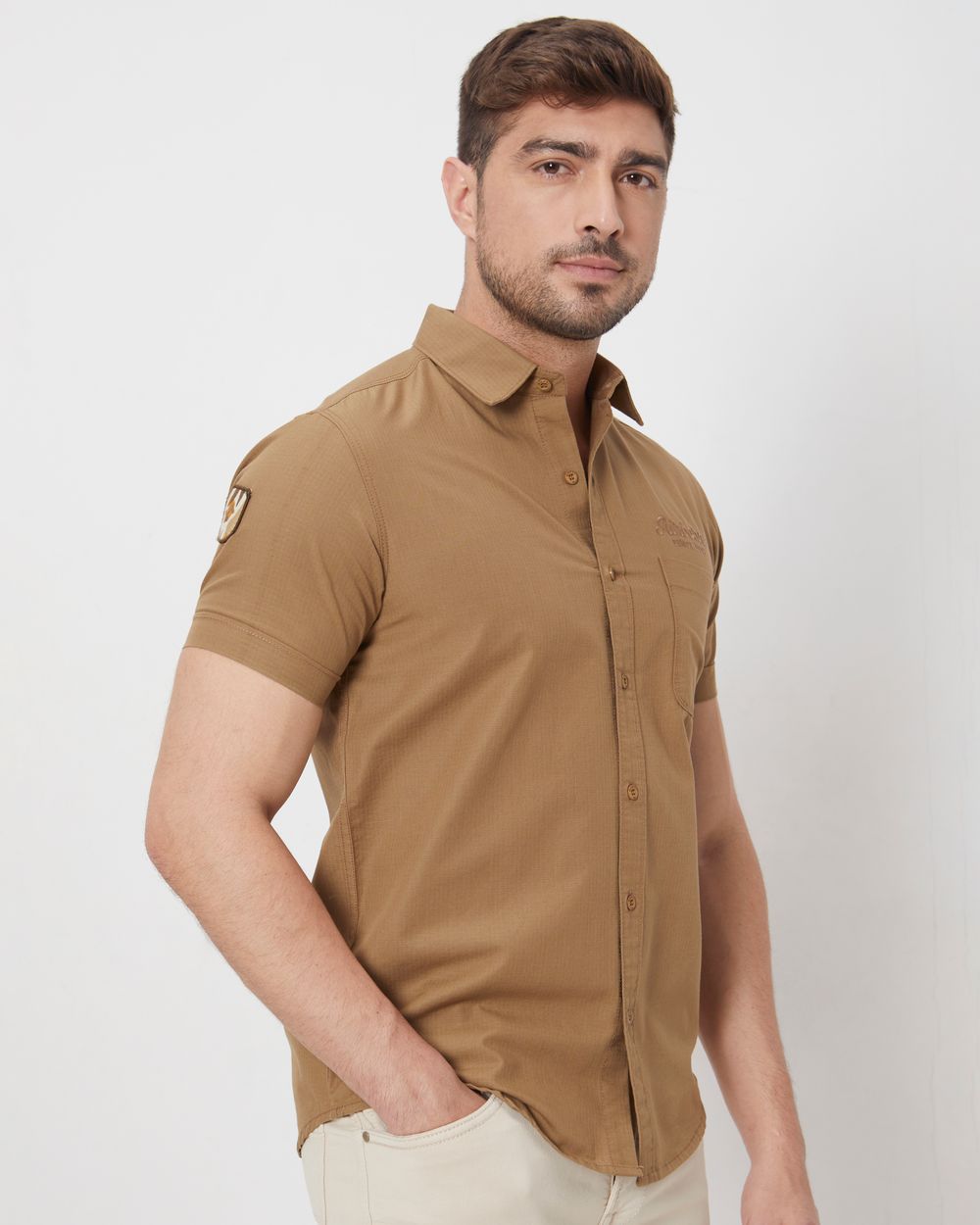 Light Khaki Badged Plain Slim Fit Casual Shirt
