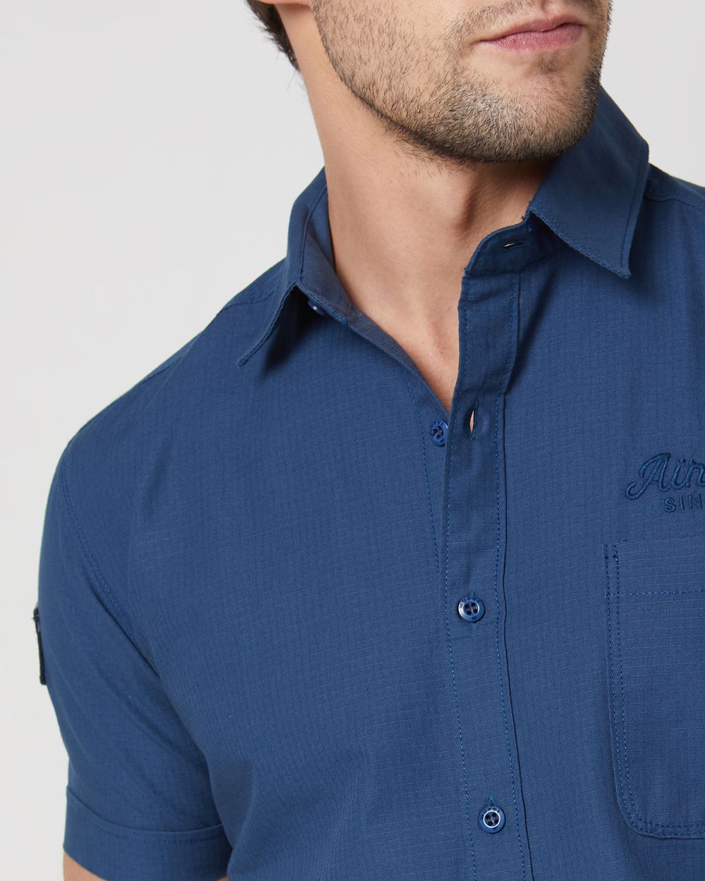 Blue Badged Plain Slim Fit Casual Shirt