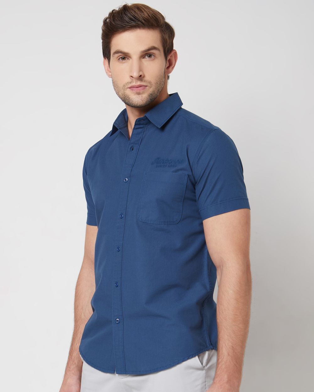 Blue Badged Plain Slim Fit Casual Shirt
