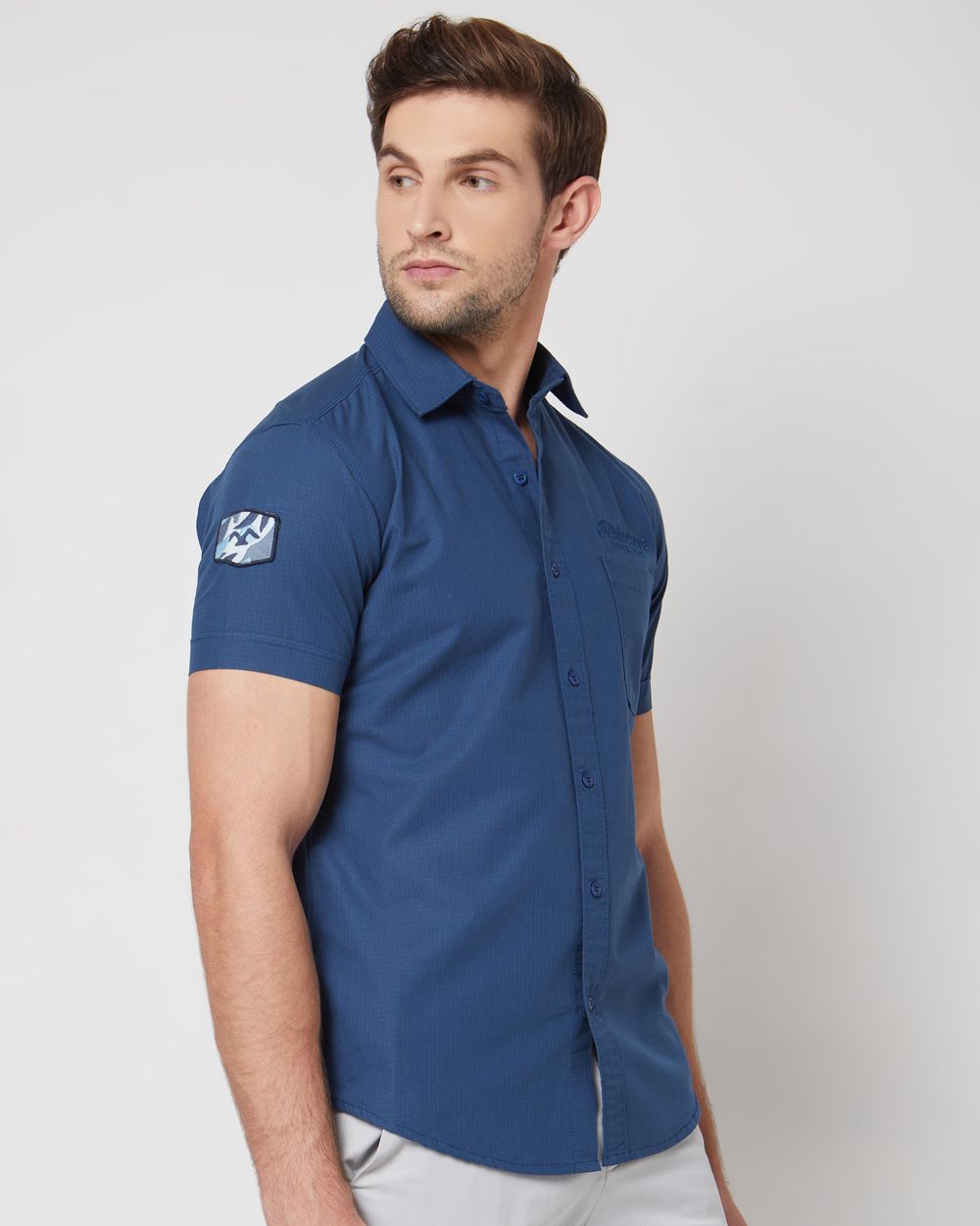 Blue Badged Plain Slim Fit Casual Shirt