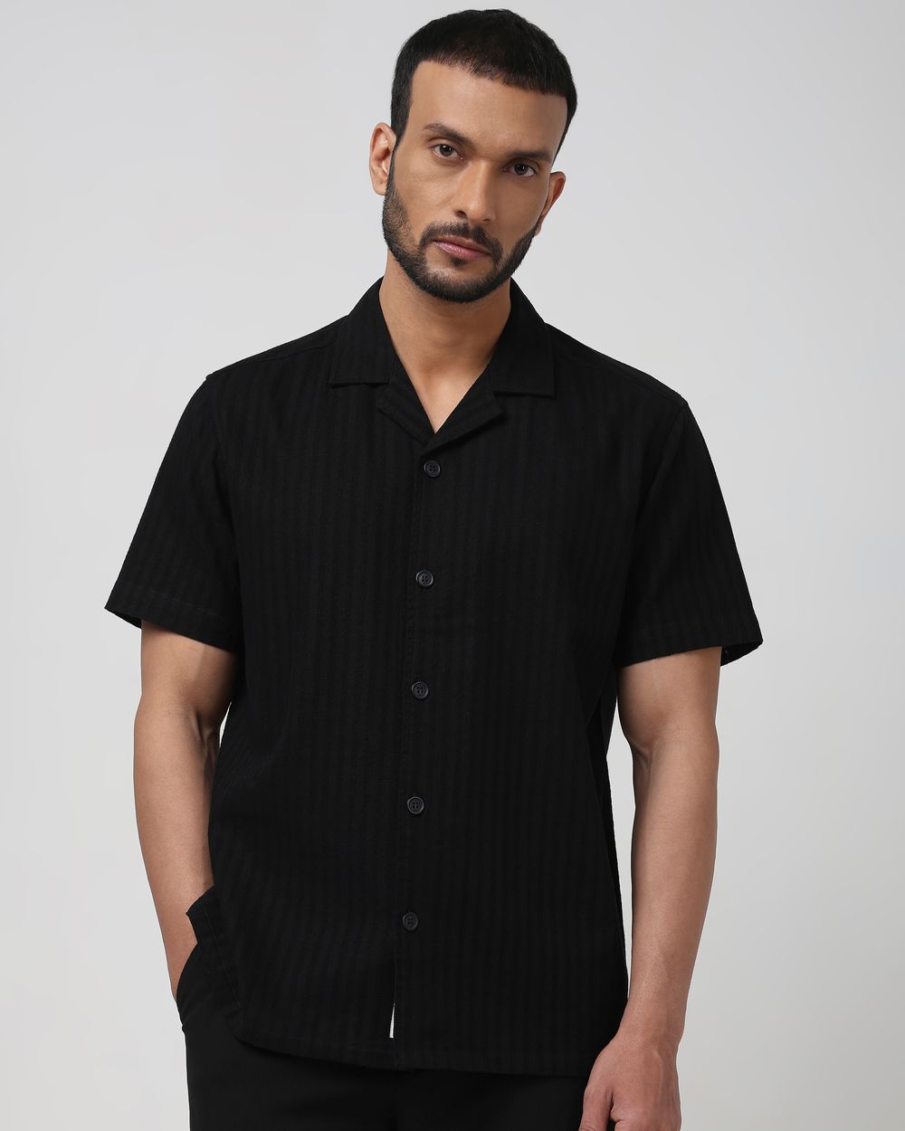 Black Self-Stripe Plain Relaxed Fit Casual Shirt