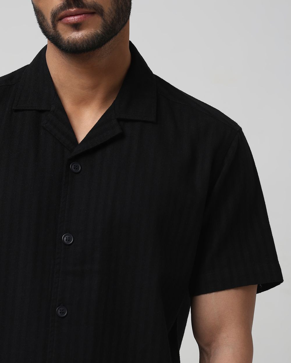 Black Self-Stripe Plain Relaxed Fit Casual Shirt