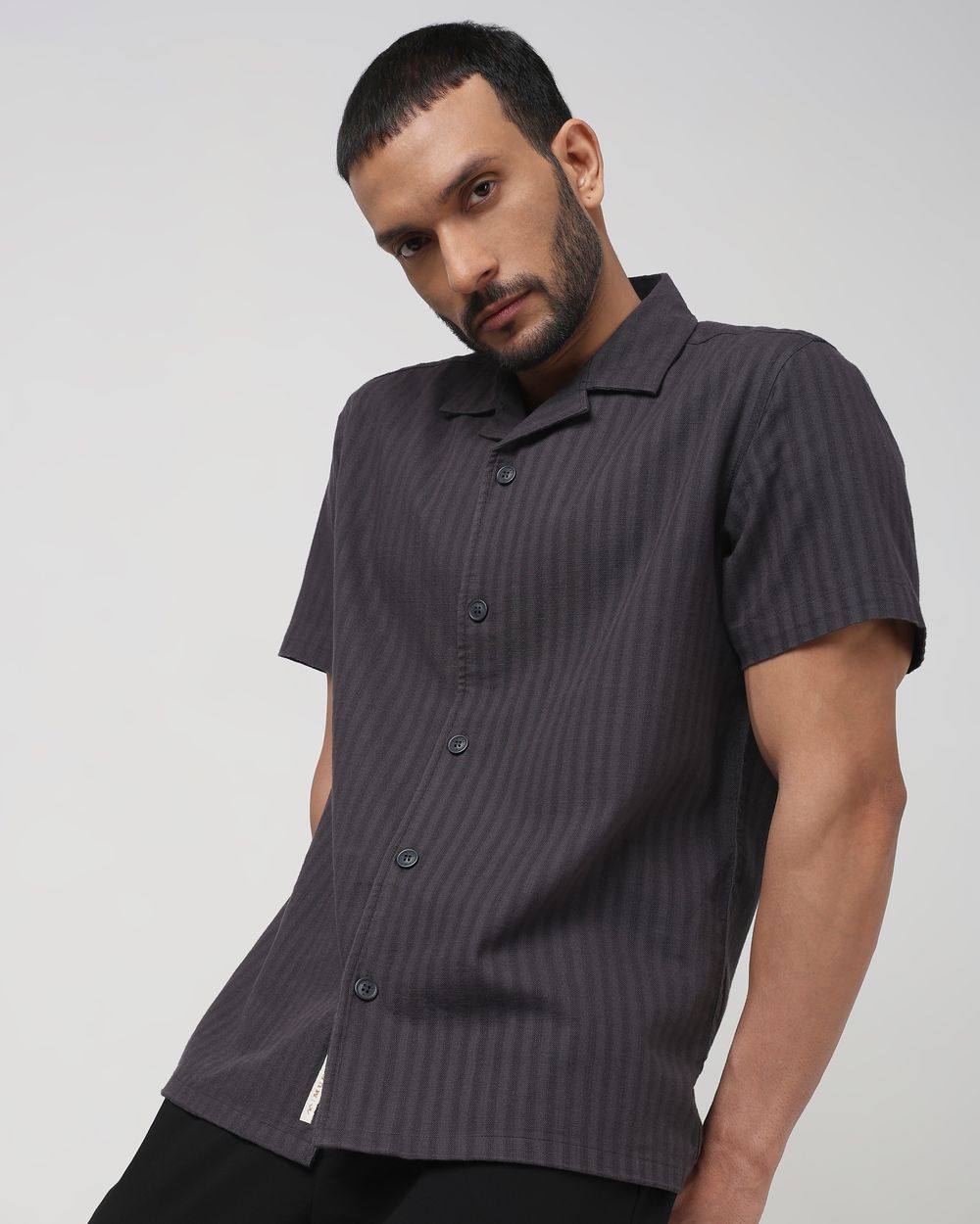 Grey Self-Stripe Plain Relaxed Fit Casual Shirt