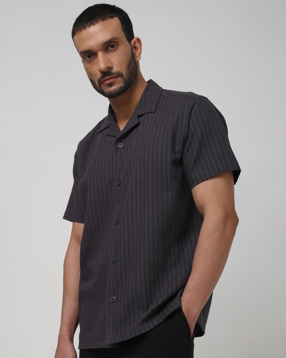 Grey Self-Stripe Plain Relaxed Fit Casual Shirt