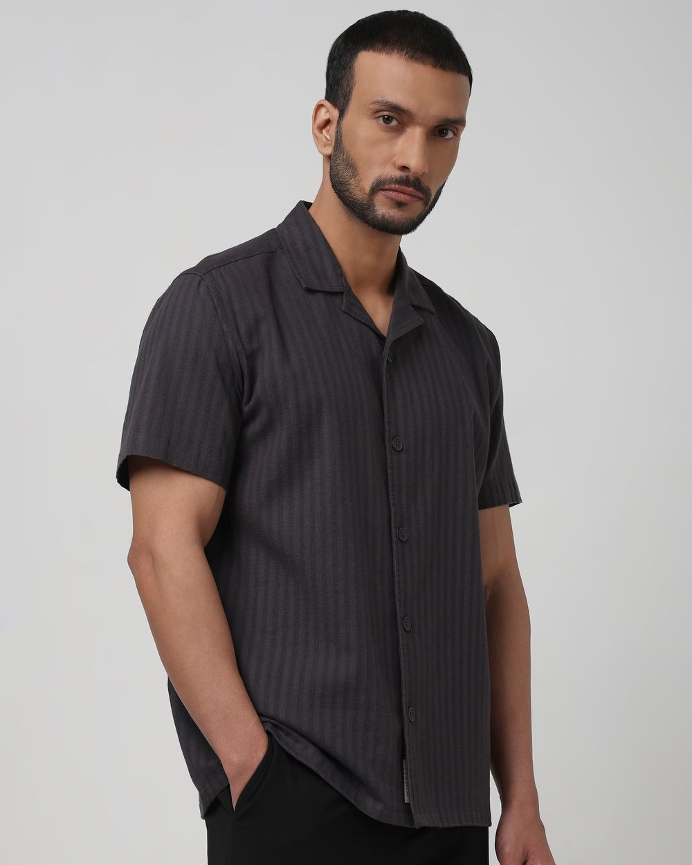 Grey Self-Stripe Plain Relaxed Fit Casual Shirt