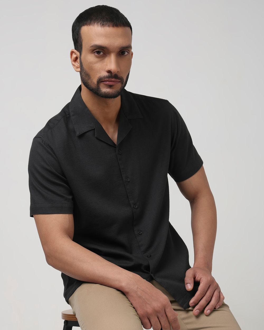 Olive Textured Plain Relaxed Fit Casual Shirt