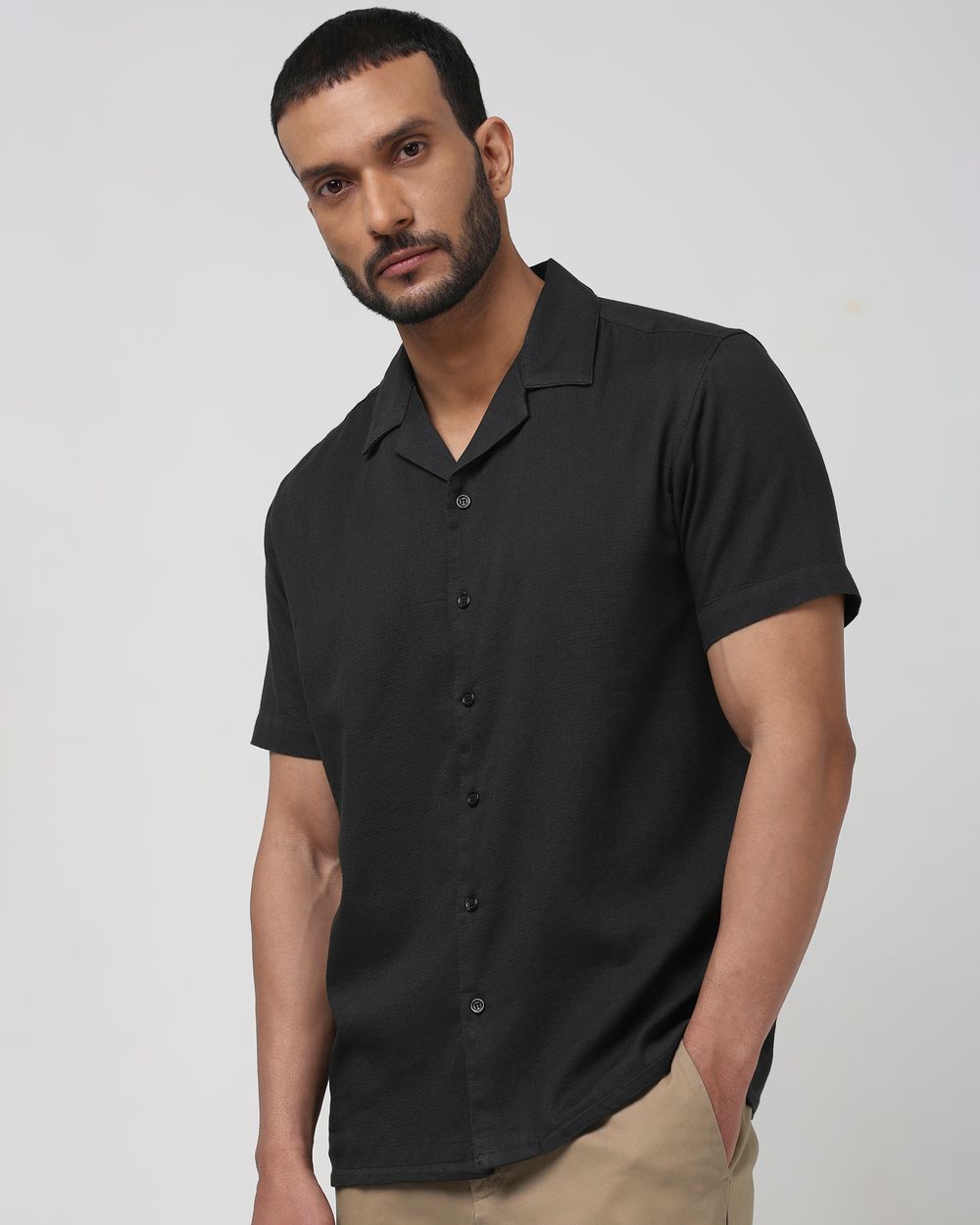 Olive Textured Plain Relaxed Fit Casual Shirt
