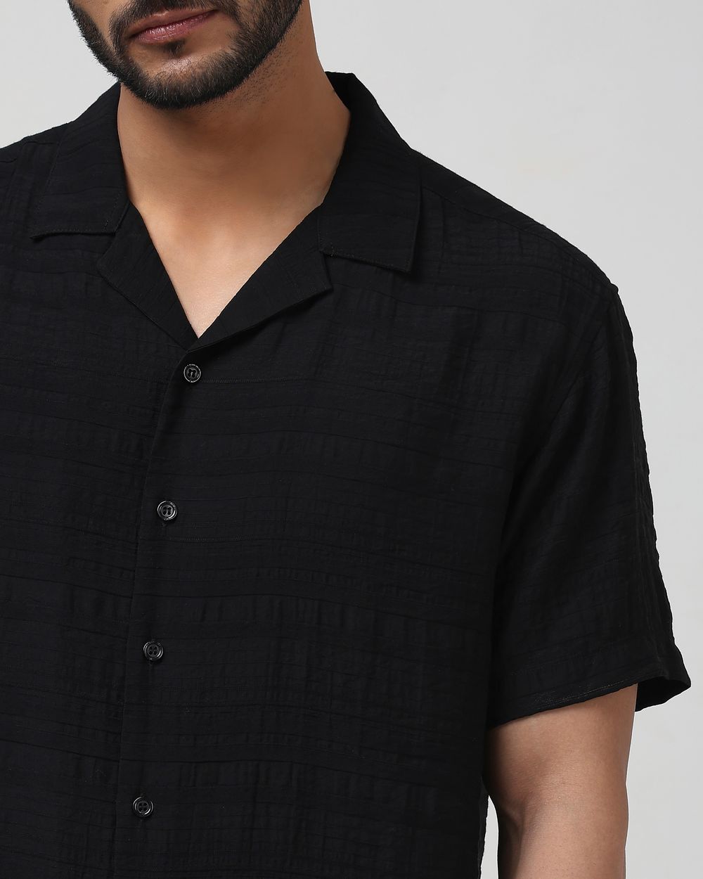 Black Textured Plain Relaxed Fit Casual Shirt