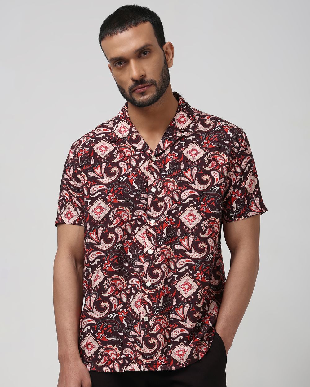 Maroon Digital Print Relaxed Fit Casual Shirt