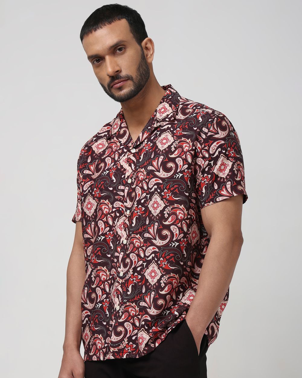 Maroon Digital Print Relaxed Fit Casual Shirt