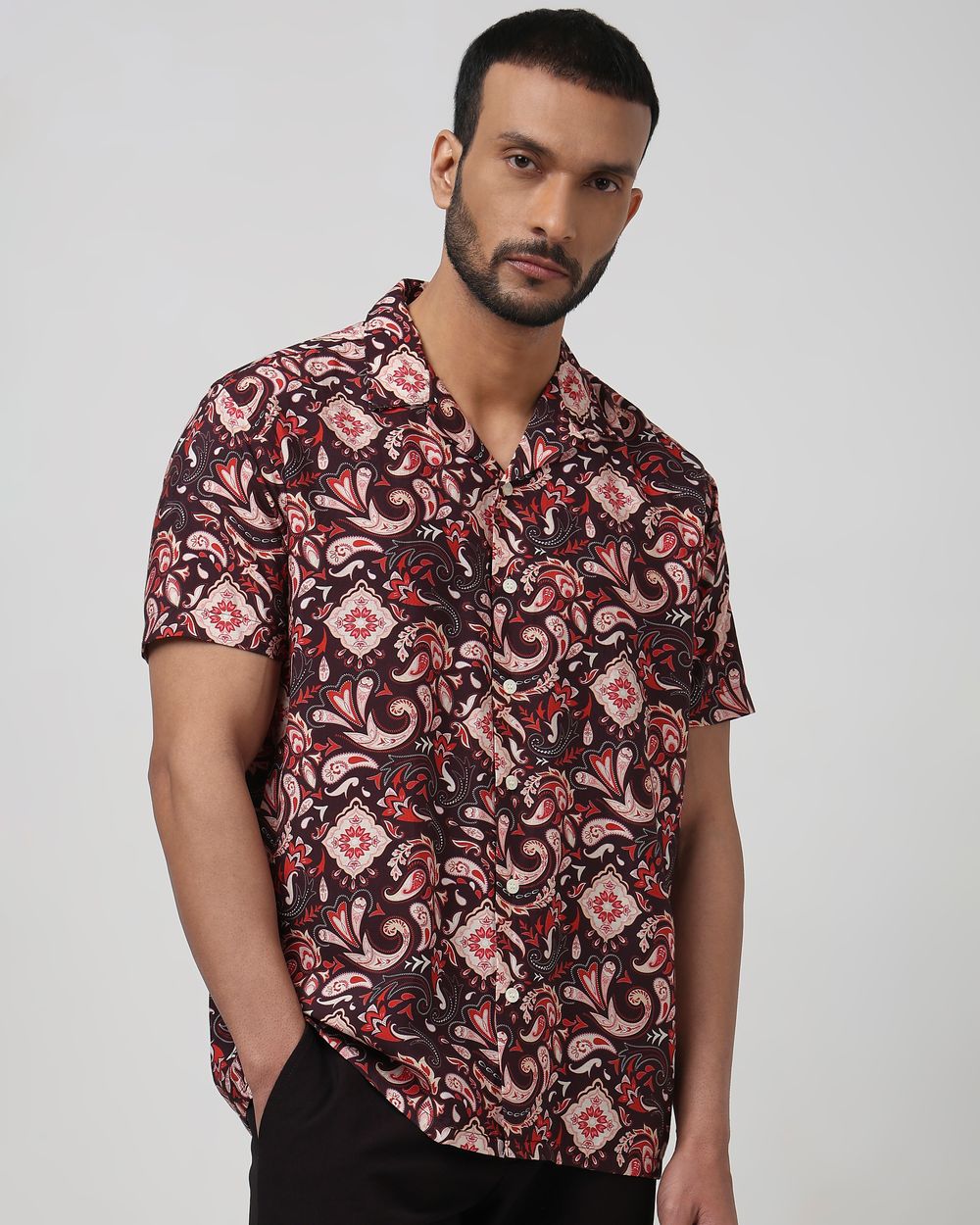 Maroon Digital Print Relaxed Fit Casual Shirt
