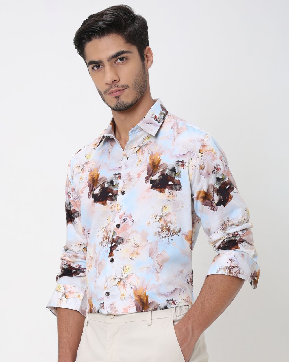 Pastel Pink Digital Print Slim Fit Casual Shirt
