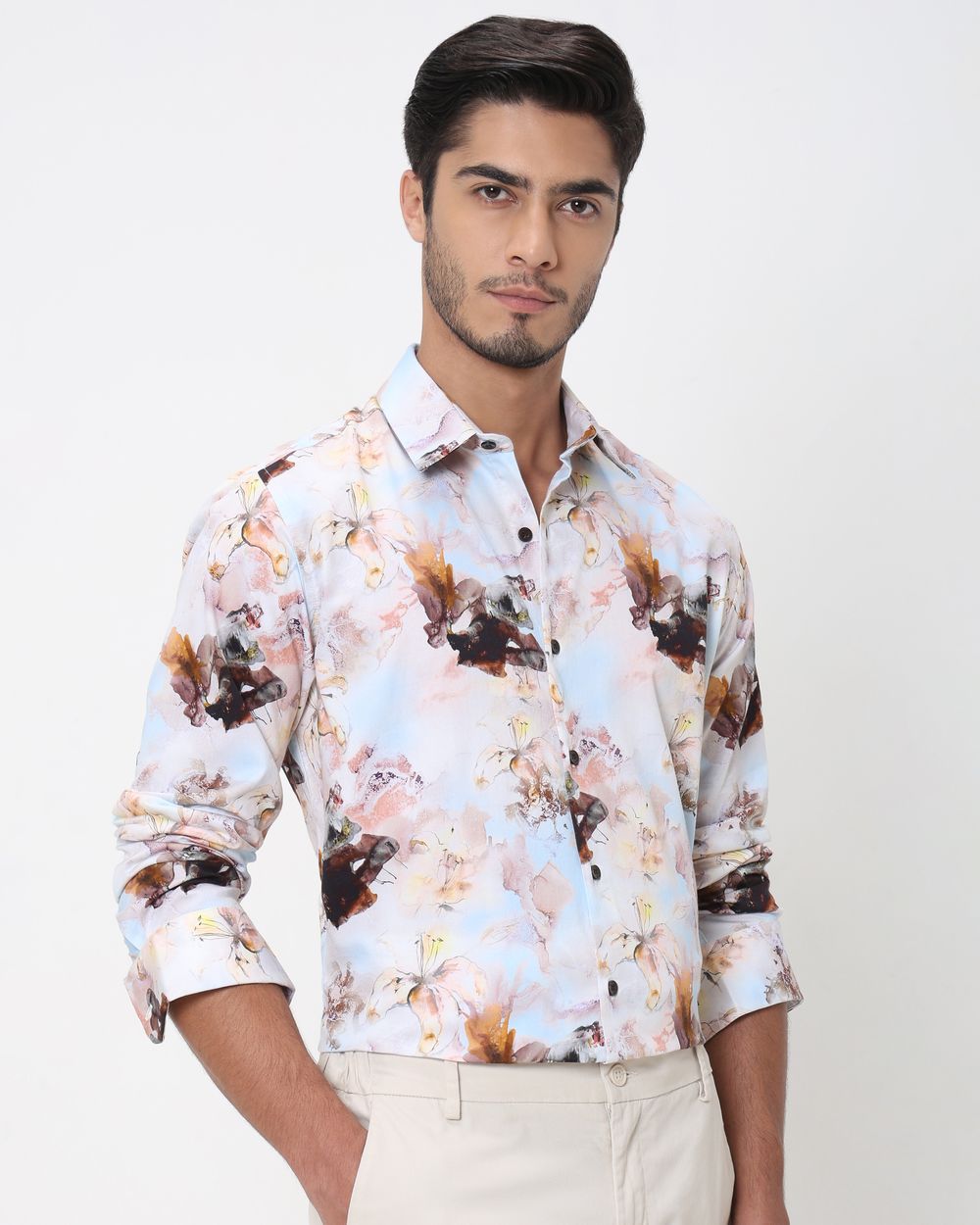 Pastel Pink Digital Print Slim Fit Casual Shirt