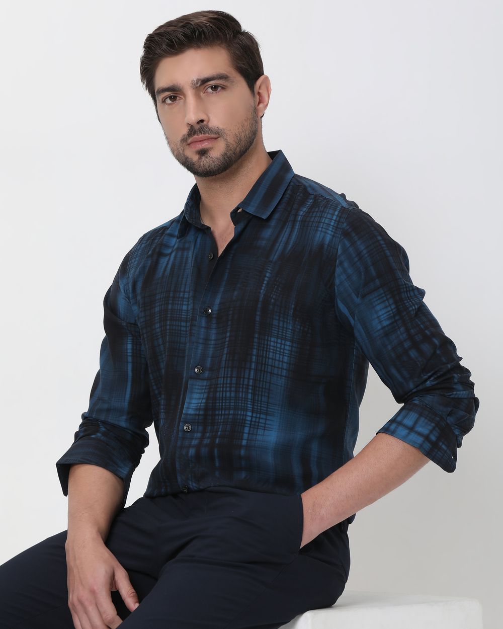 Blue Digital Print Slim Fit Casual Shirt