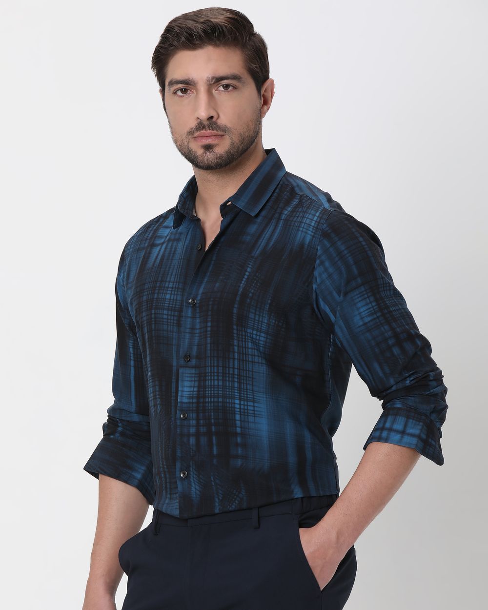 Blue Digital Print Slim Fit Casual Shirt