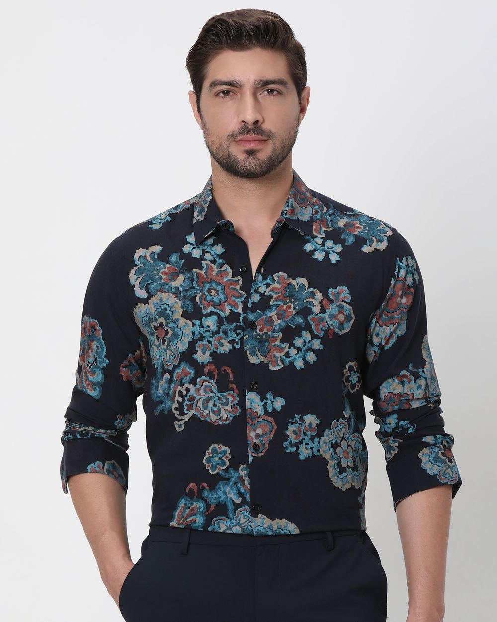 Navy Digital Print Slim Fit Casual Shirt