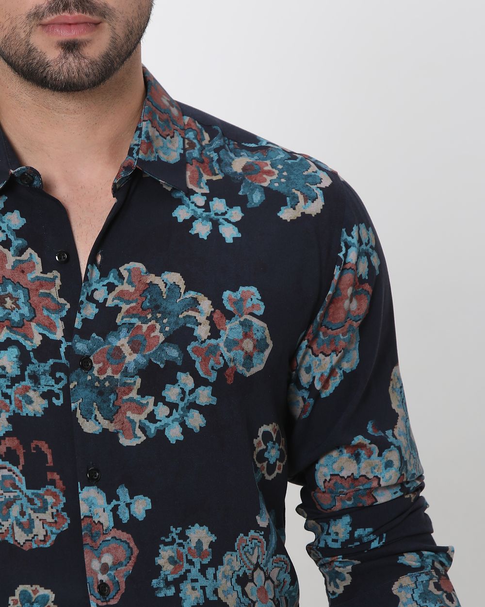 Navy Digital Print Slim Fit Casual Shirt