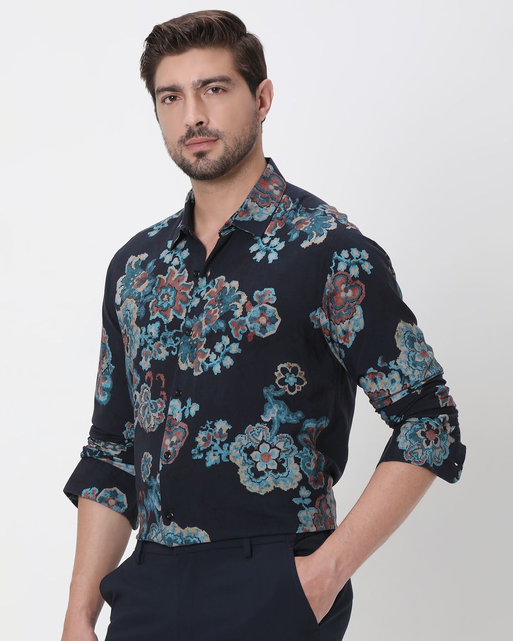 Navy Digital Print Slim Fit Casual Shirt