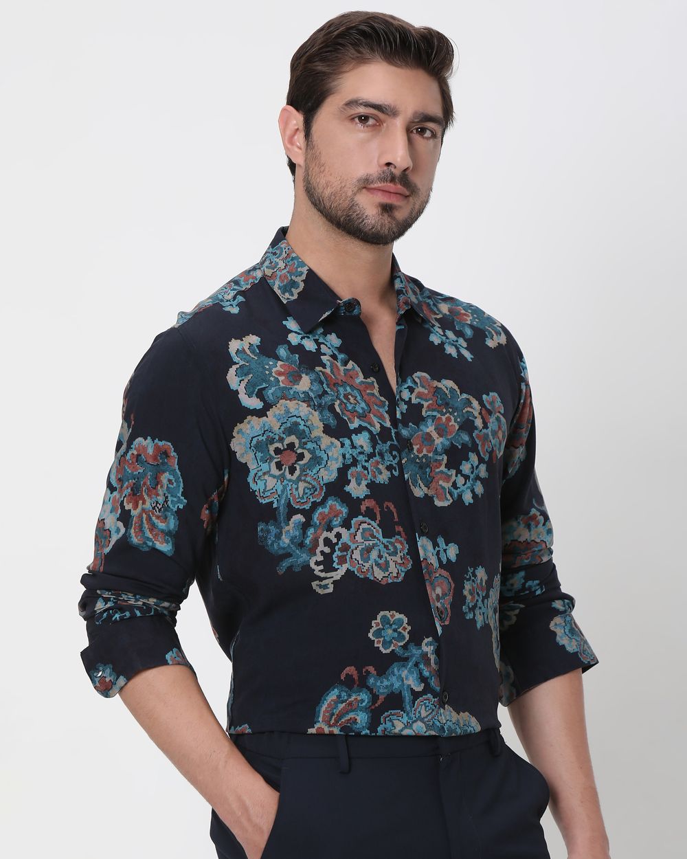 Navy Digital Print Slim Fit Casual Shirt