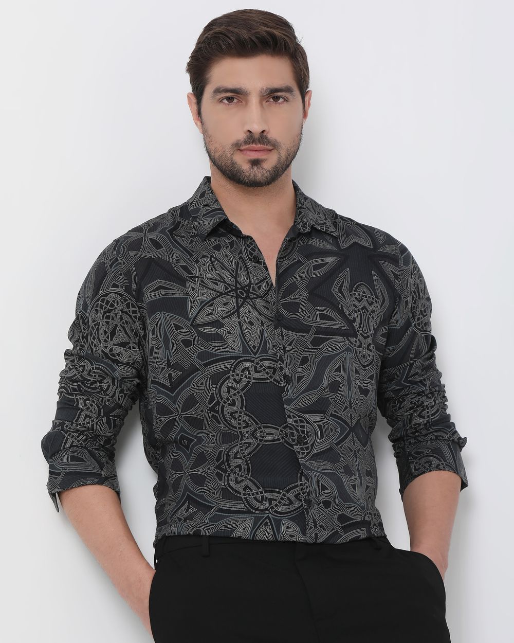 Charcoal Digital Print Slim Fit Casual Shirt