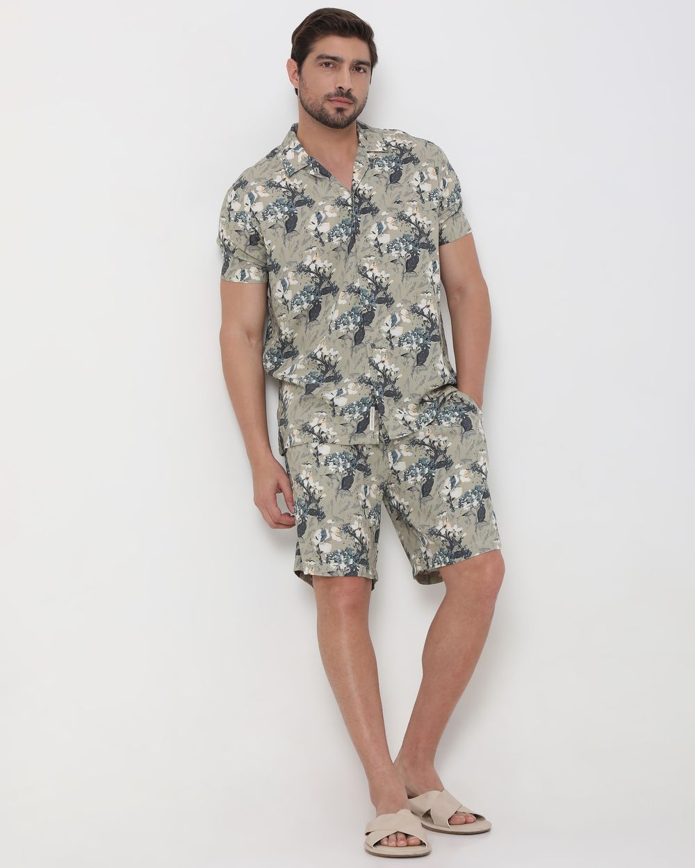 Olive Floral Print Slim Fit Casual Shirt