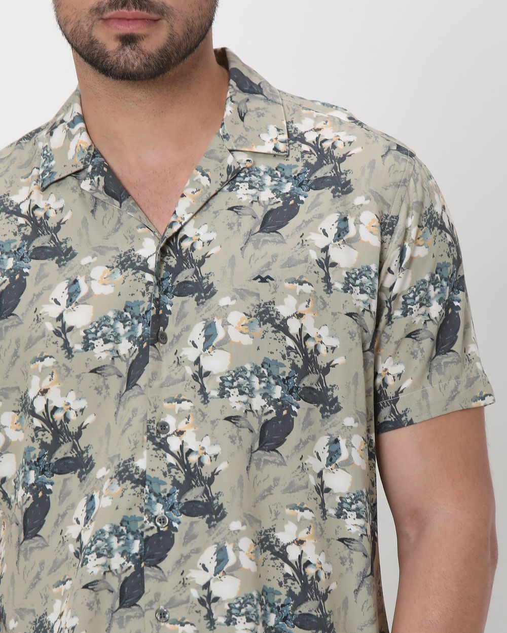Olive Floral Print Slim Fit Casual Shirt