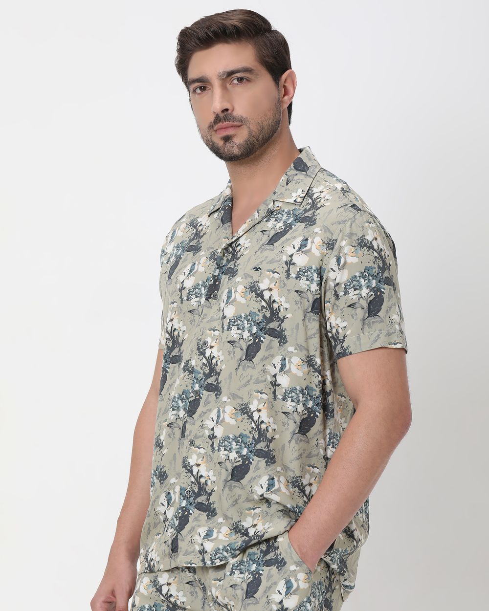 Olive Floral Print Slim Fit Casual Shirt